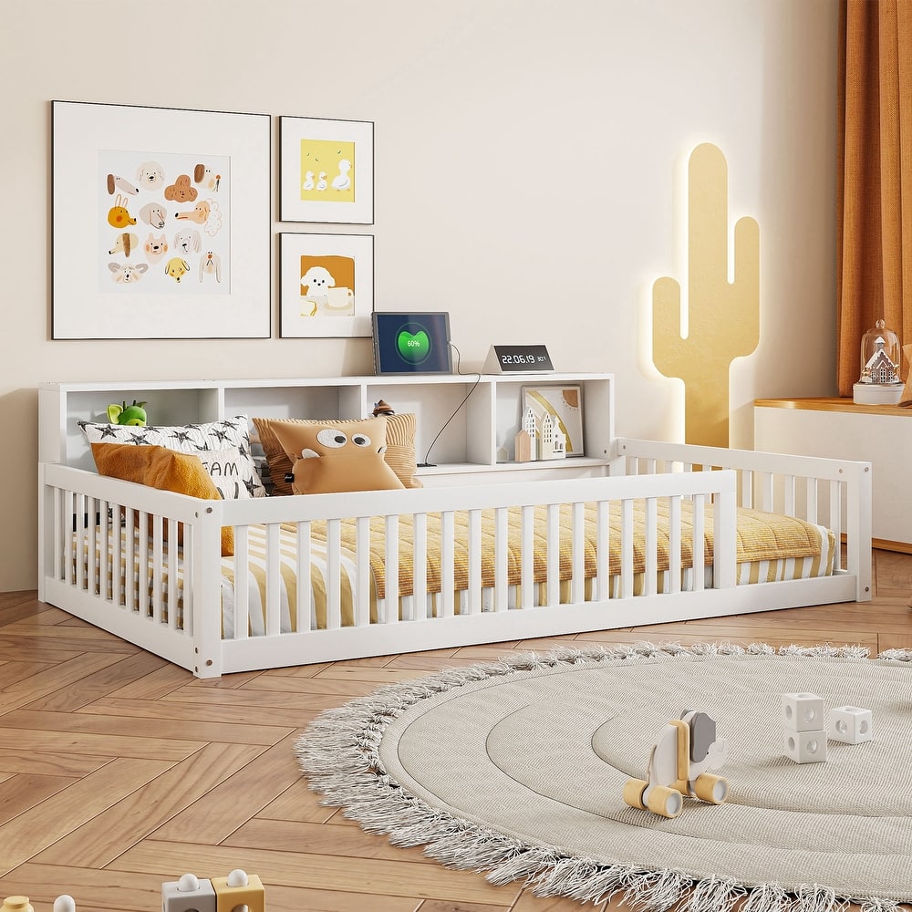 Wood Twin XL Size Floor Bed with Storage and USB Ports