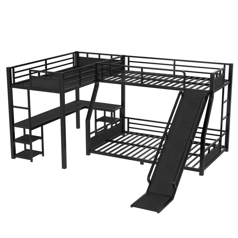 L-Shaped Metal Bunk Bed (Top Bed: Twin, Bottom Bed: Full ) with Single Loft Bed, Desk, and Storage Shelves USB Charging Port