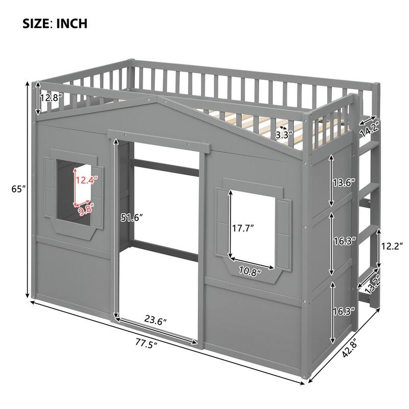 Solid Wood House Loft Bed with Window Design and Ladder, Twin/Full Size Playhouse Bed Loft Bed Frame with Guardrail for Kids