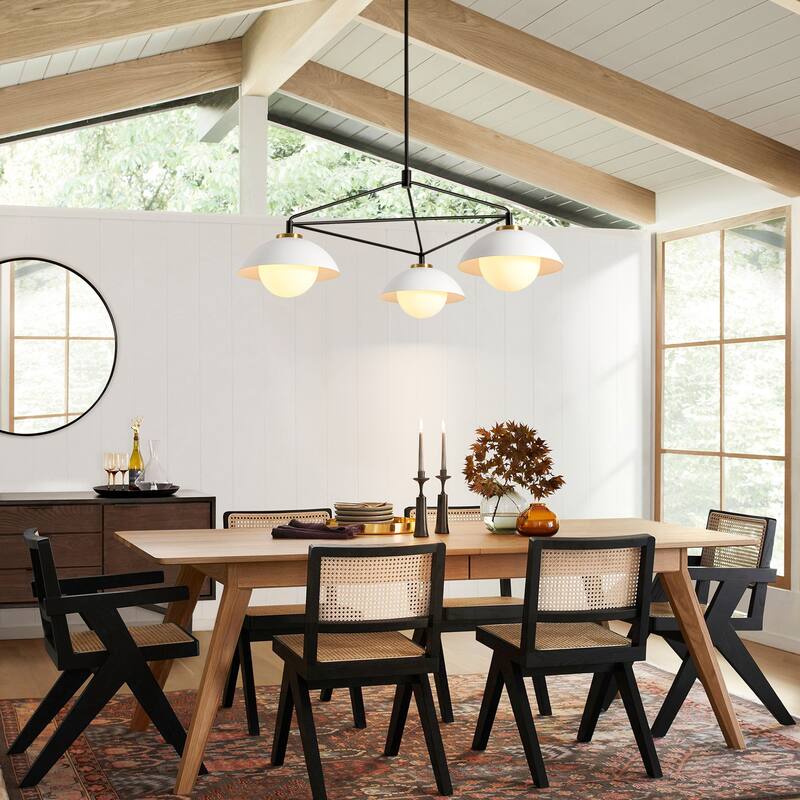 3-Light 41.9" W Mid-Century Modern Matte Black Dome Geometric Metal Chandelier with Opal Glass Globe Shades