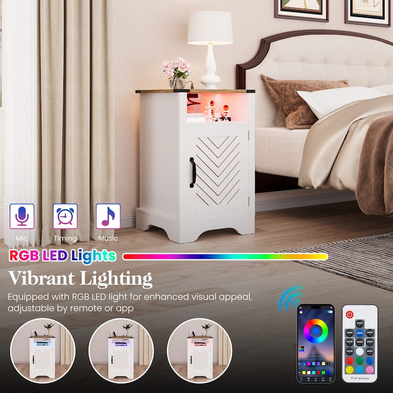 Farmhouse Nightstand With LED Lights and Charging Station