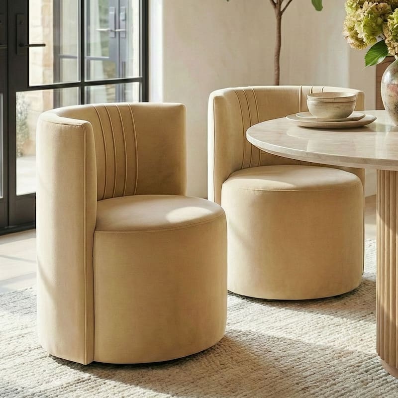 Velvet Swivel Dining Chairs with Rolling Casters, Upholstered Barrel Back Dining ArmChairs - Set of 2 - Camel-2-piece