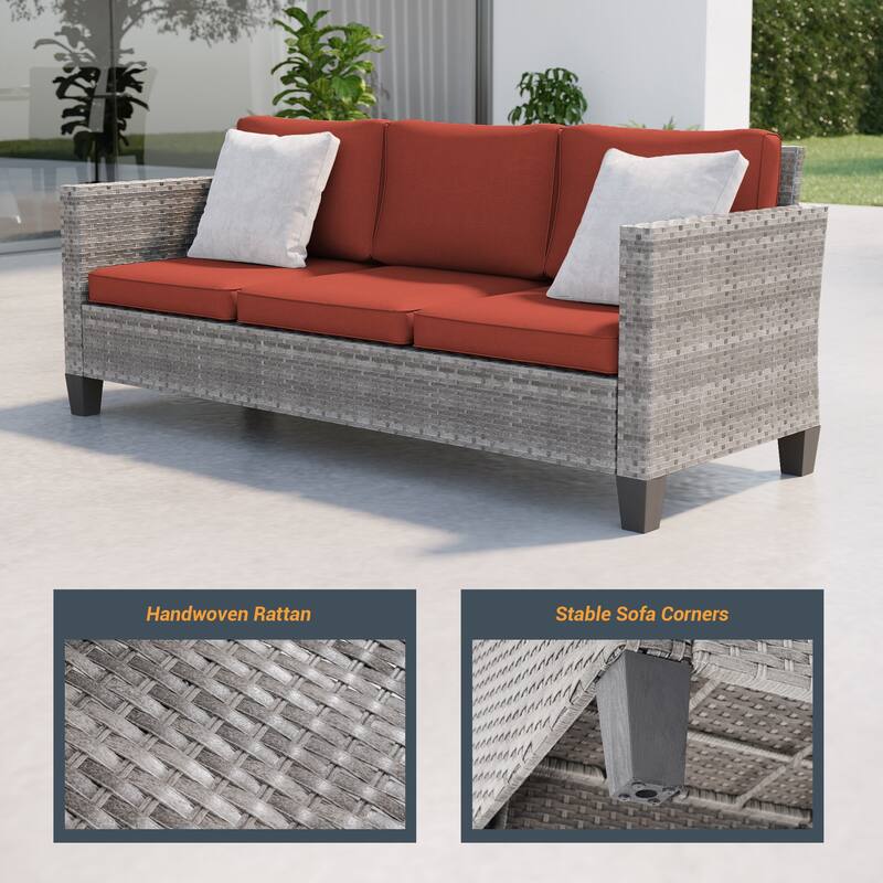 LIVOOSUN 3Pcs Patio Furniture Conversation Brown Rattan Patio Sofa Set