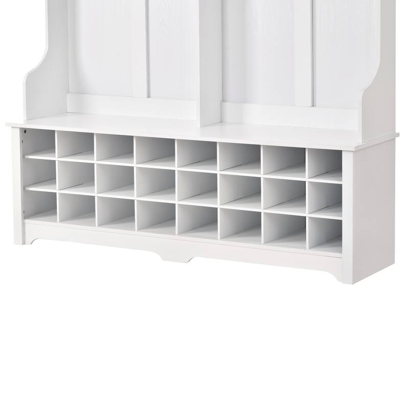 60" Wide White Hall Tree with 24 Shoe Cubbies, Metal Black Hooks