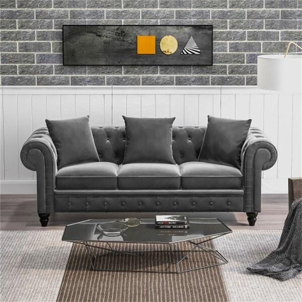 3-seat Roll Arm sofa with Velvet Upholstered,three Pillows,Dark Gray