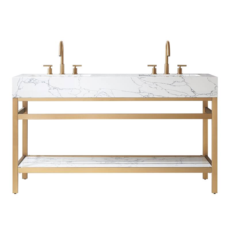 Ecija Bath Vanity, Metal Support with Composite Stone Top, no Mirror - 60 in. - Brushed Gold - Double Sink