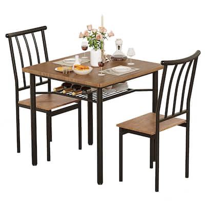 Dining Table Set, Kitchen Table and Chairs for 2 with Wine Rack - Brown