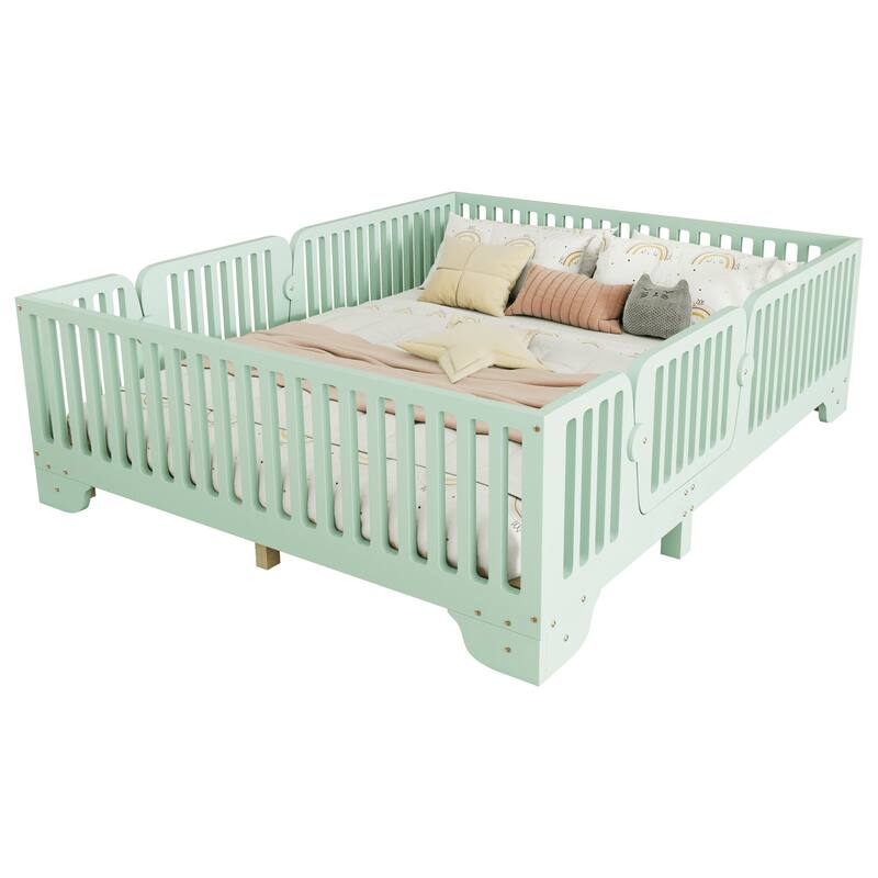 Kids Floor Bed with Safety Fence and Removable Door for Boys Girls