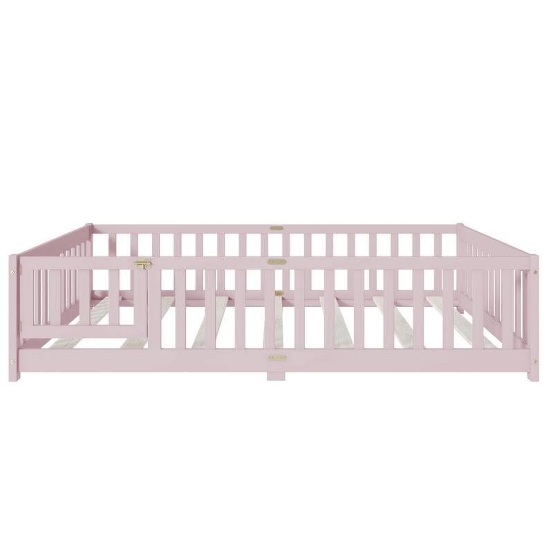 Roomfitters Twin/Full/Queen Rubber Wood Floor Bed with Fence and Swing Door, Safety Guardrails, Low Profile Design