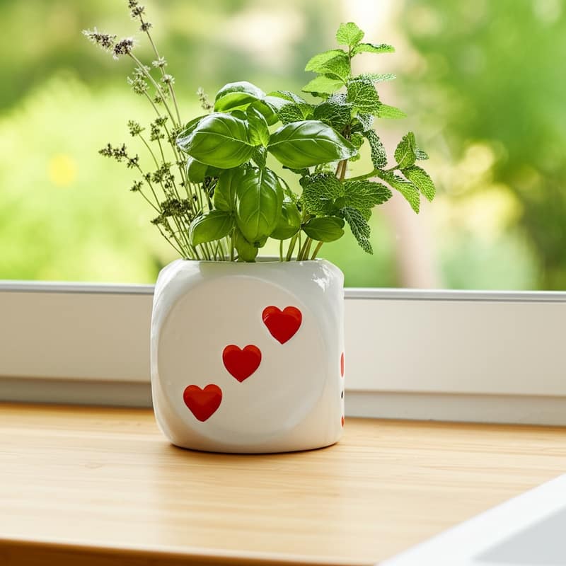 Ceramic Planter Heart Graphic Dice-Inspired Decorative Plant Holder - 6" x 6" x 6"