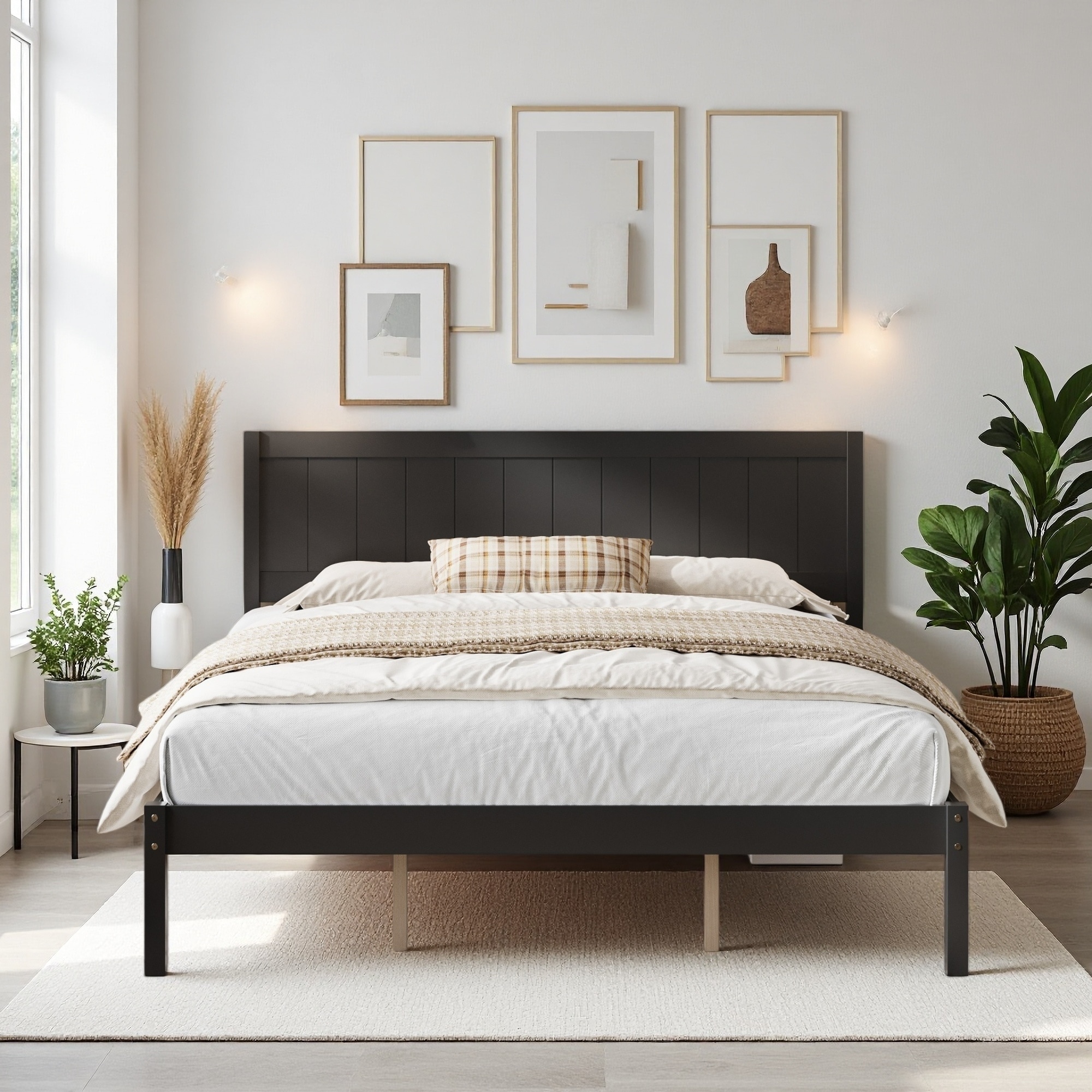 Wood Platform Bed with Headboard and No Box Spring Needed