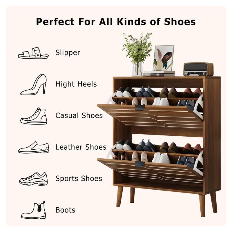 Medieval Modern Independent Shoe Cabinet,31.5-Inch Walnut Shoe Storage Cabinet,Fence Shoe Cabinet With 2 Flip Drawers