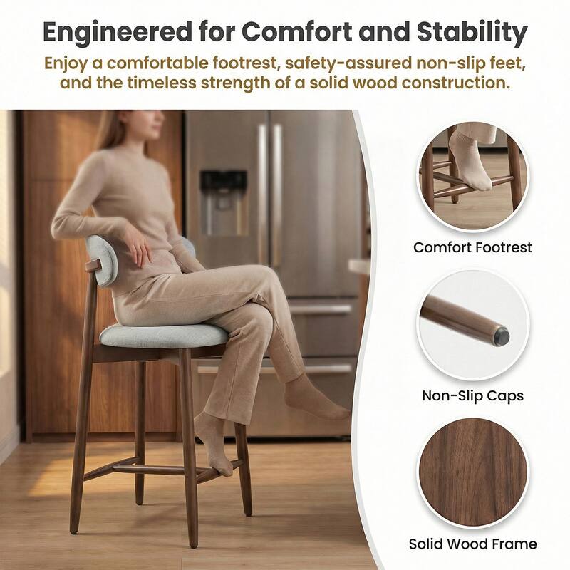 Mid-Century Modern Upholstered Bar Stools Counter Height Wooden Bar Chairs with Backrest Footrest