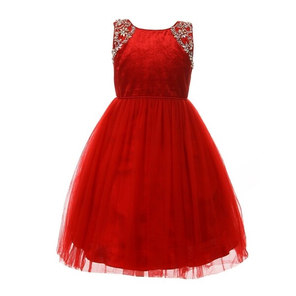 Little Girls Red Velvet Sparkle Rhinestone Tulle T-Length Christmas ...