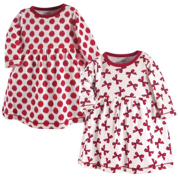 slide 1 of 1, Touched by Nature Baby and Toddler Girl Organic Cotton Long-Sleeve Dresses 2pk, Bows 2T - Baby Toddler Bows Long Sleeve