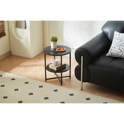 Modern Small Round Coffee Table 2 Tier Farmhouse End Table with Storage Shelf, for Bedroom Living Room, Black