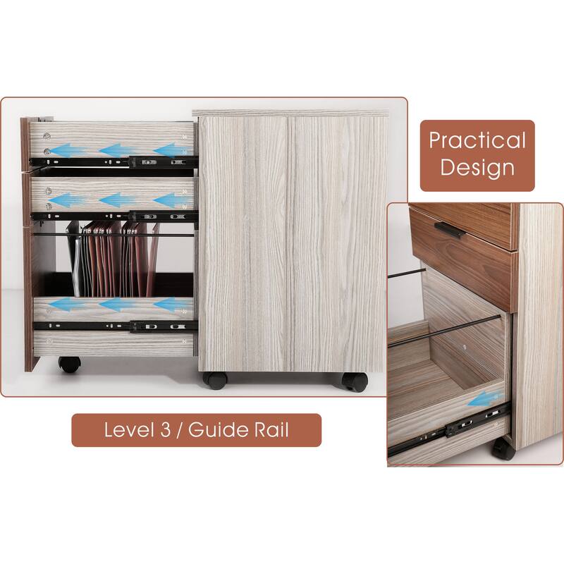 JJS 3 Drawer Rolling Wood File Cabinet with Locking Wheels for A4 or Letter Size