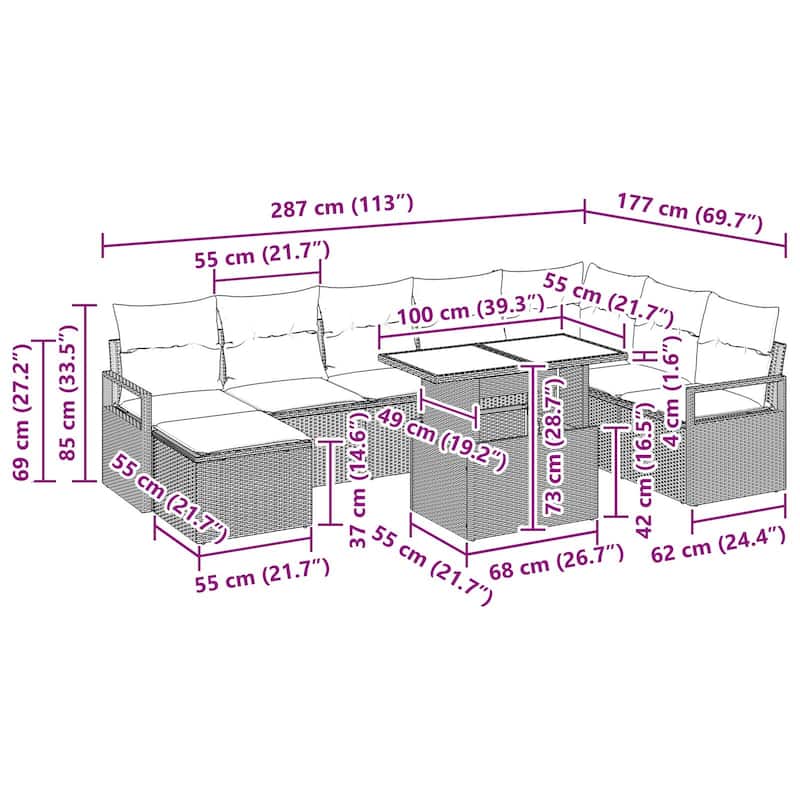 vidaXL 9 Piece Garden Sofa Set with Cushions - 113×69.7×27.2