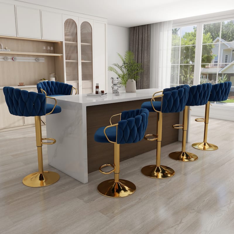 Set of 4 Bar Stool Adjustable Height Swivel Velvet Woven - Navy Blue - Set of 6