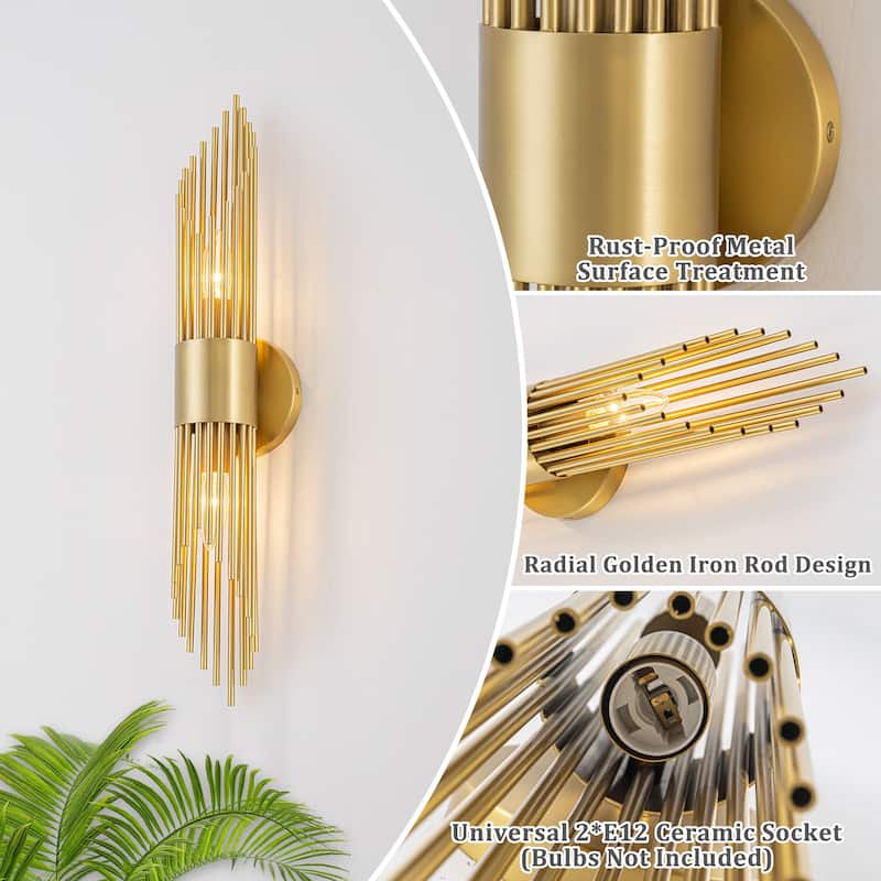 2-Light Gold Vertical Slat Wall Sconce MidCentury Modern Linear Design