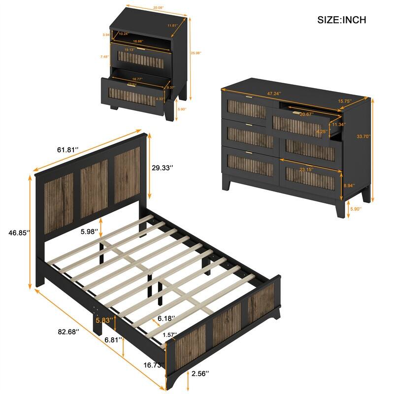 4-Pieces Bedroom Sets, Full/Queen Size Platform Bed with Wooden Strip Decoration, 2 Storage Nightstands and Dresser