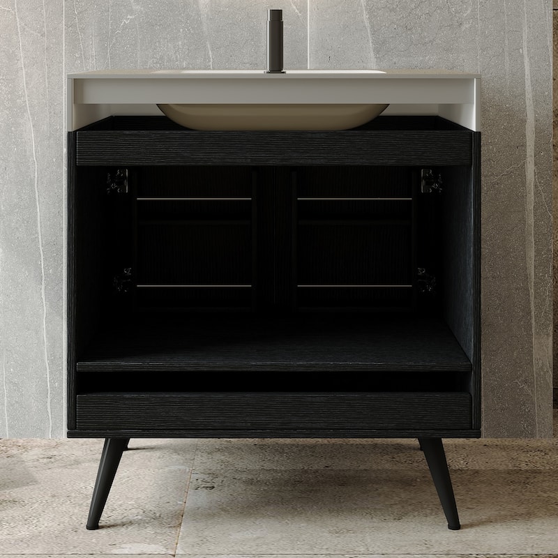 Free-standing Bathroom Vanity with Faux Marble Top & Ceramic Sink, 30" Double Door Storage Cabinet, Waterproof Engineered Wood