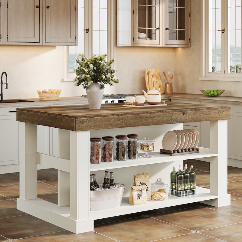 55-Inch Stationary Kitchen Island with Storage Shelves and Large Worktop, Farmhouse Style, Light Brown - White+Brown