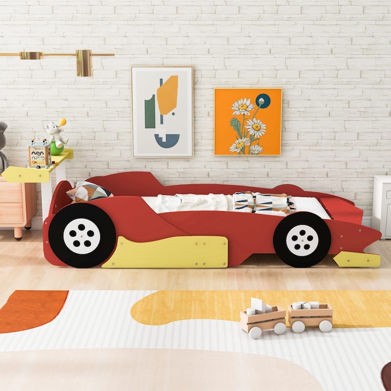 Red Cool Pine Wood Race Car Platform Bed with Rear Wing and Front ...