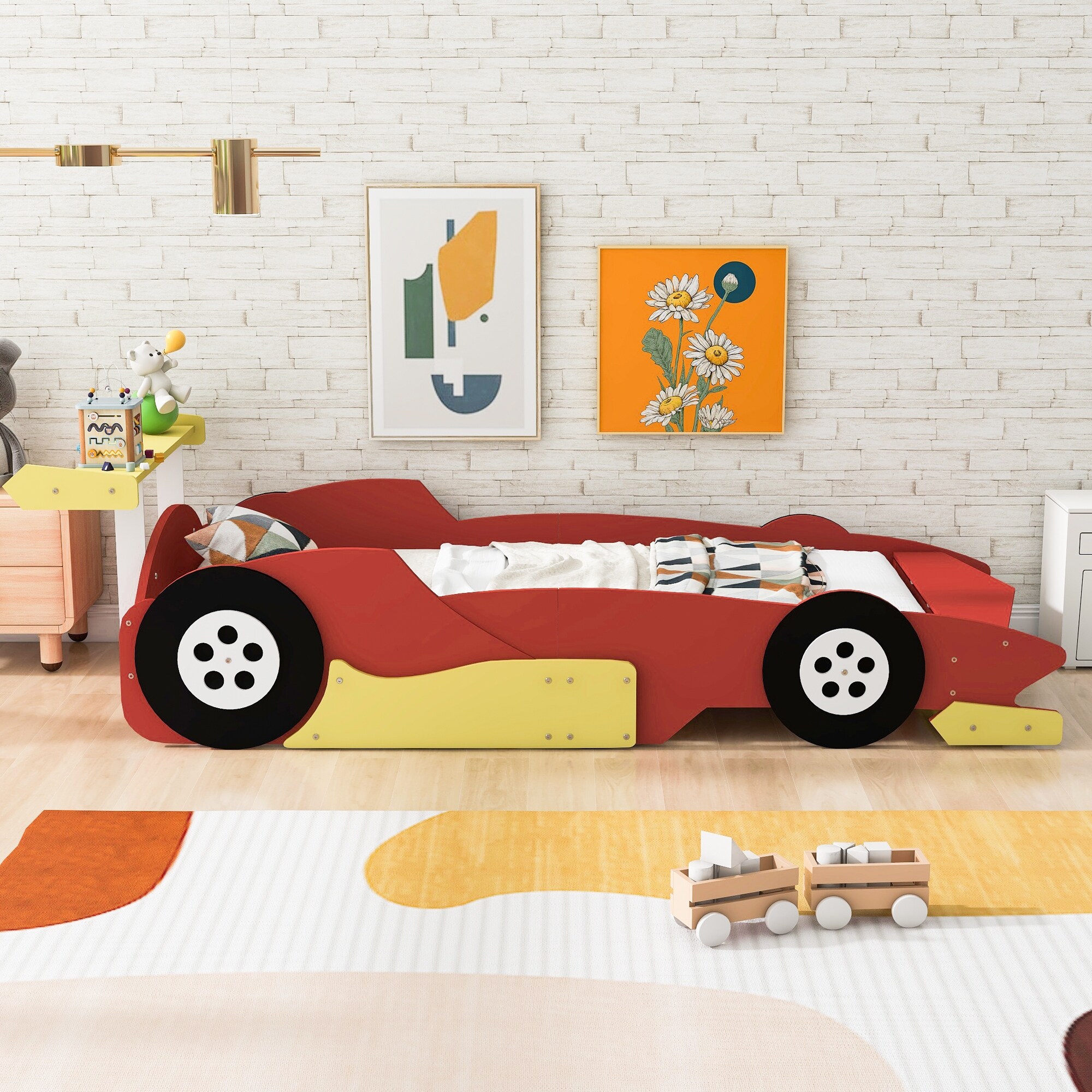 Roomfitters Twin Race Car Platform Bed with Wheels and Rails, Kids Gaming Bed