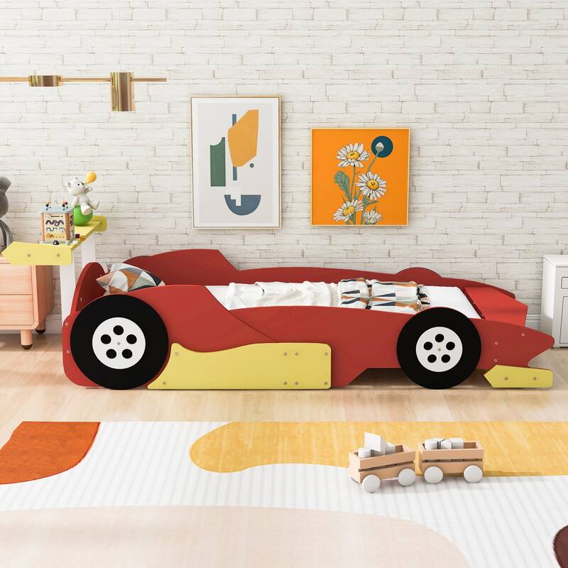Twin Race Car-Shaped Platform Bed with Wheels, Themed Children's Bedroom Design