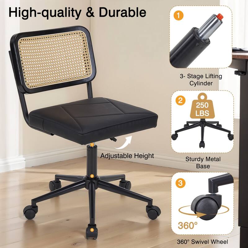 Javlergo Armless Home Office Desk Chair, Height Adjustable PU Leather Computer Task with 360° Swivel Rolling Wheels