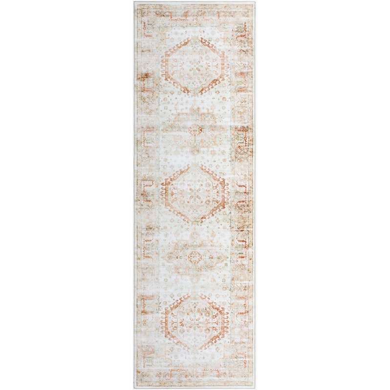 Livabliss Traditional Lavable Medallion Washable Area Rug - 2'6" x 8' - Peach/Off White