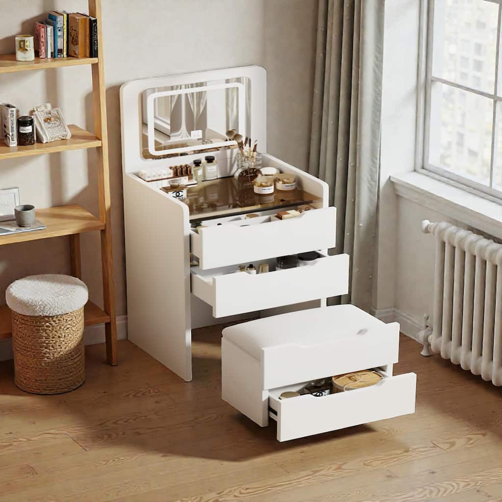 3-in-1 Vanity Desk with Flip-Top Mirror, Glass Top Makeup Table with Drawers & Stool, Compact Dressing Table for Bedroom