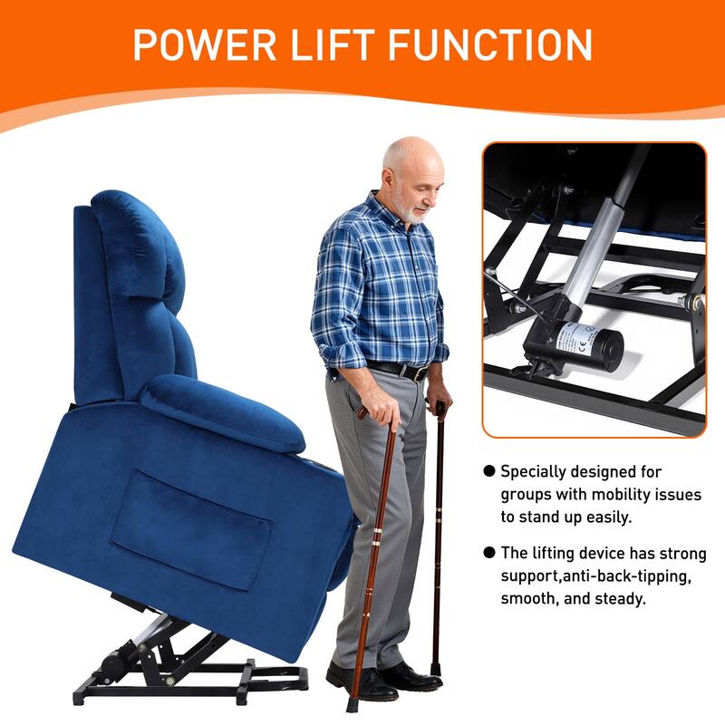 35" Wide Quiet Lift Velvet Recliner w/Massage and Heat