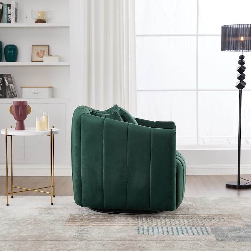 Oversized 360° Swivel Accent Barrel Chair and Half Cozy Sofa with 3 Pillows,Velvet Channel Tufted Pumpkin-Shape Club Armchair