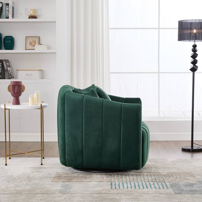 Velvet 360° Swivel Barrel Chair with 3 Pillows, Channel Tufted Design, Pocket Spring Cushion and 350lb Weight Capacity