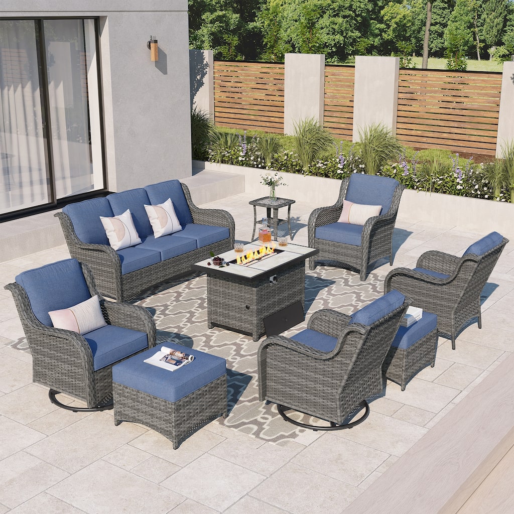 OVIOS 9-piece Patio Wicker Swivel Rocking Chair Set With Fire Pit