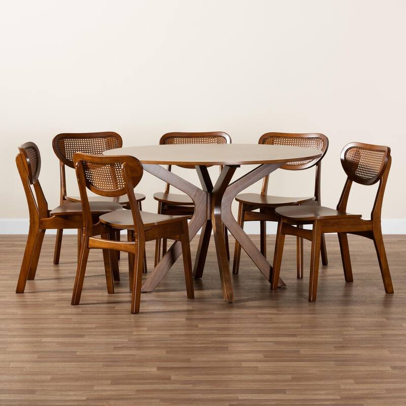 Giuliana Mid-Century Modern Wood and Woven Rattan 7-Piece Dining Set
