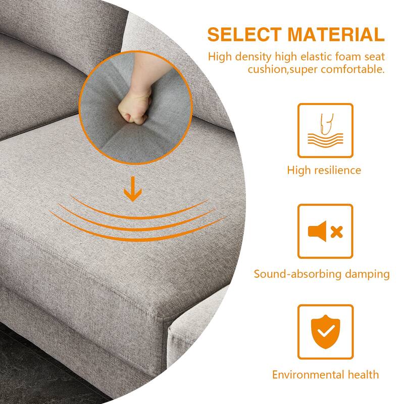 92'' Fabric L-Shape 3-Seater Sofa with Ottoman, Gold Metal Legs, and Toss Pillows
