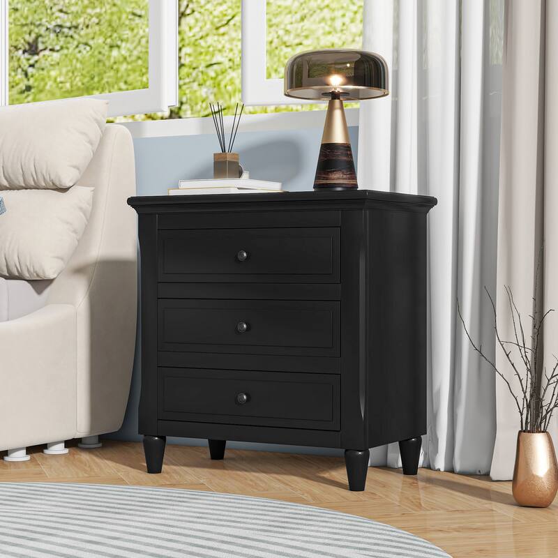 3-Drawer Nightstand Storage Wood Cabinet - BLACK MDF