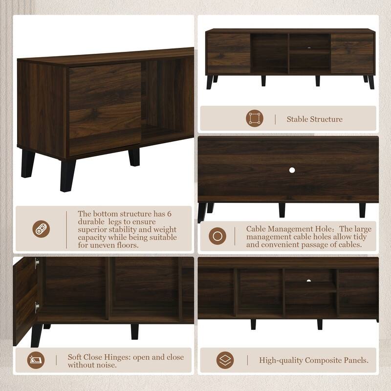 Mid Century TV Stand with 2 Cabinets, Media Console Table for TVs up to 70'',Alabaster,Dark Brown