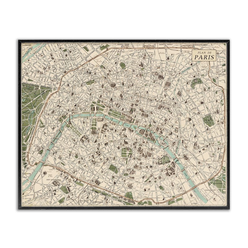 Stupell Vintage Map of Paris Framed Giclee Art Design By Phillipa Katz - 20 x 16 - Black