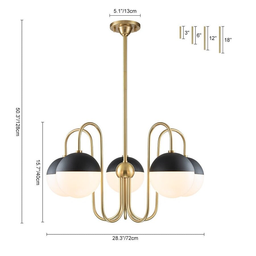 5 Light Mid century Opal Glass Swan neck Chandelier Nickel