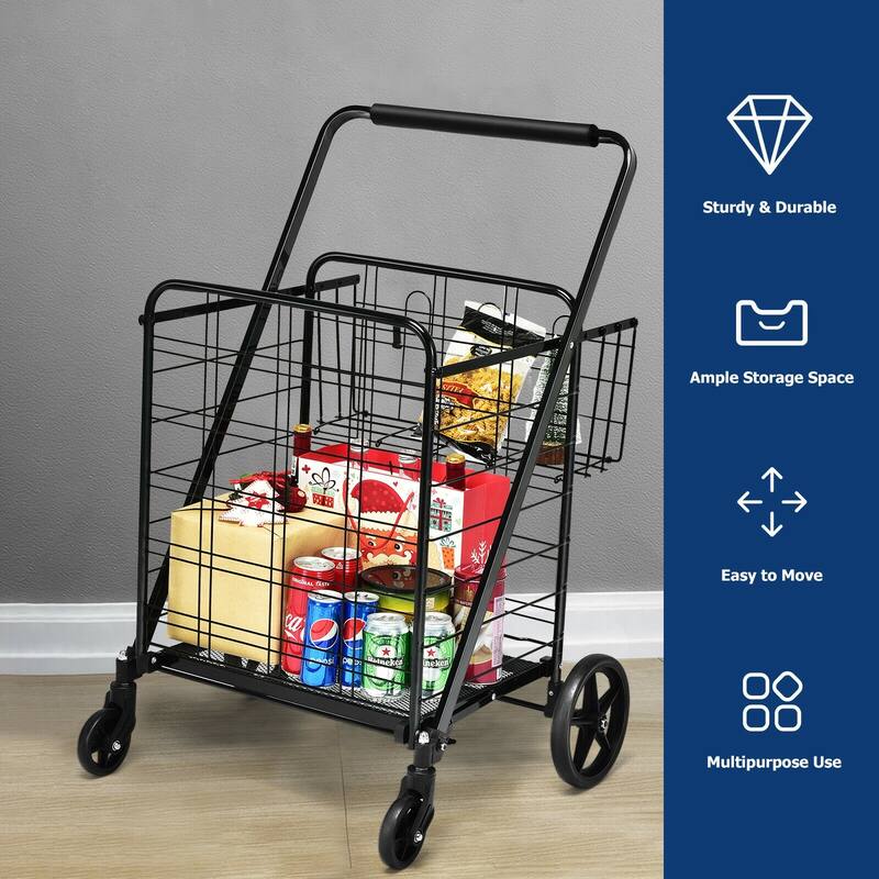 Multi-Purpose Foldable Grocery Cart with 360 Degree Front Wheels and Large Basket and Back Storage - 25" x 25" x 40"(L x W x H)