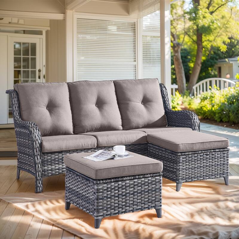 Outdoor 3-Piece Sofa with Ottomans Grey-Grey - Grey - Grey - Grey