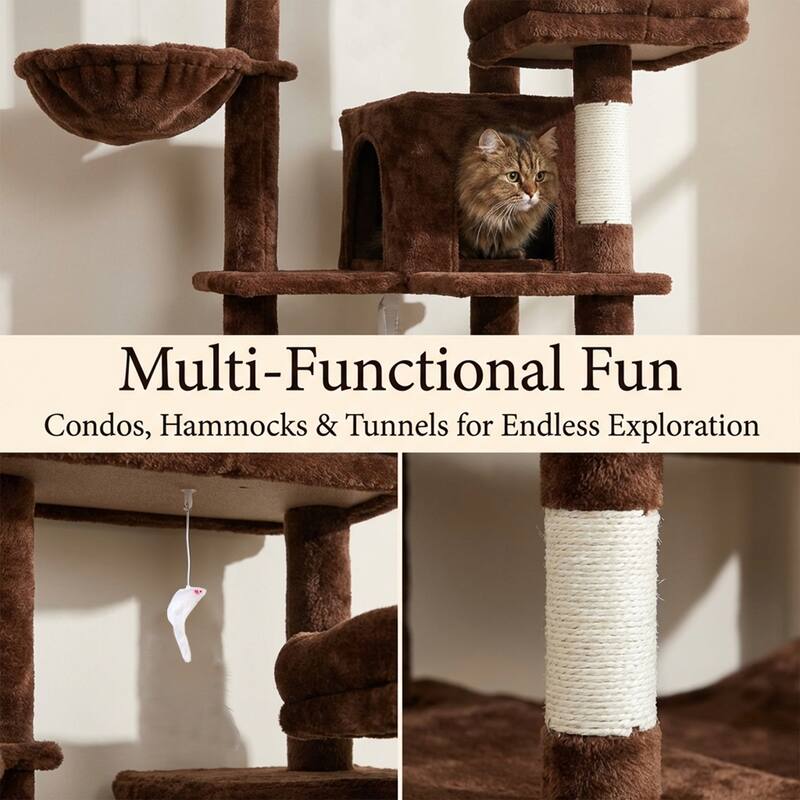 68 in Tall Multi-Level Green Cat Tree with Hammocks, Hanging Basket, Cat Cave, Removeable Cushion, Scratching Posts
