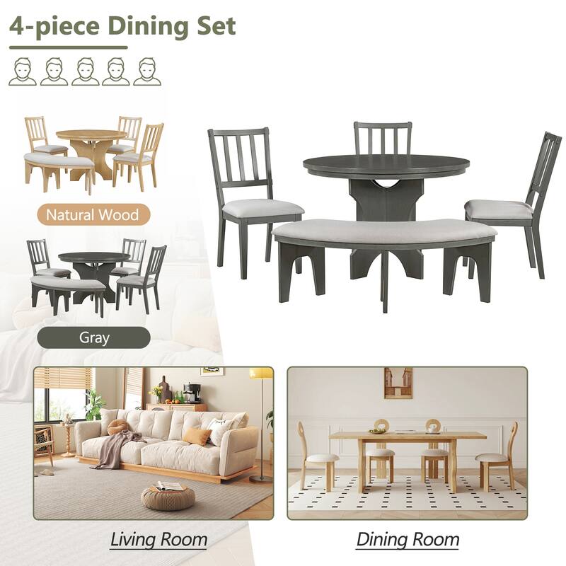 5-Piece Kitchen Dining Table Set, Round Dining Table with 3 Upholstered Chairs and Curved Bench for 4-5 People