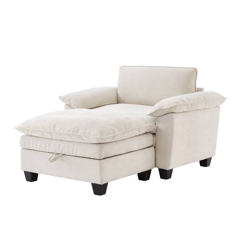 Cloud Lazy Chaise Lounge, Single Sofa Chair & Storage Ottoman Set of 2, Oversize Chenille Upholstered Lounge Sleeper Sofa