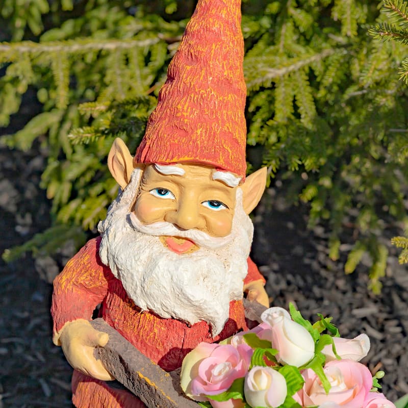 17 Inch Tall Spring Gnome Garden Statue with Wheelbarrow