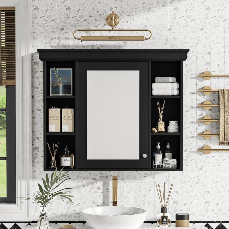Wall Mounted Bathroom Storage Cabinet with Mirror Door, 5 Adjustable Shelves, and Towel Rod